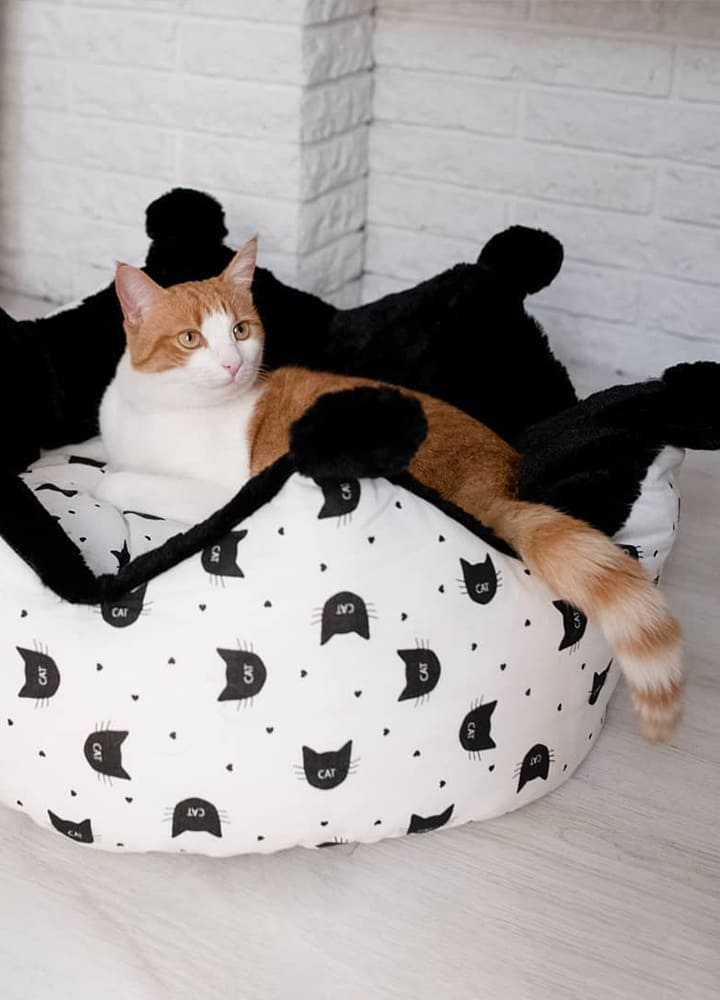 couchage pour chat avec pompons